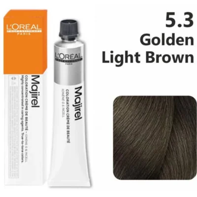 Loreal Professionnel Paris Majirel – 5.3 (Golden Light Brown) L’Oréal Professionnel Paris Majirel 5.3 (Golden Light Brown) is a premium permanent hair color that offers a warm, golden hue, perfect for those seeking a beautiful light brown shade with added dimension. Key features: Rich Color: Delivers a vibrant golden light brown that enhances your natural color while adding warmth and depth. Long-Lasting Results: Provides up to 100% gray coverage and ensures the color remains vibrant over time, minimizing fading. Conditioning Formula: Infused with a protective and conditioning agent, this formula nourishes the hair during the coloring process, leaving it soft and shiny. Professional Quality: Designed for salon use, ensuring consistent and reliable results for a polished look. To achieve the best results, mix with the recommended developer and follow the application instructions carefully. Enjoy a stunning golden light brown that beautifully complements your style!